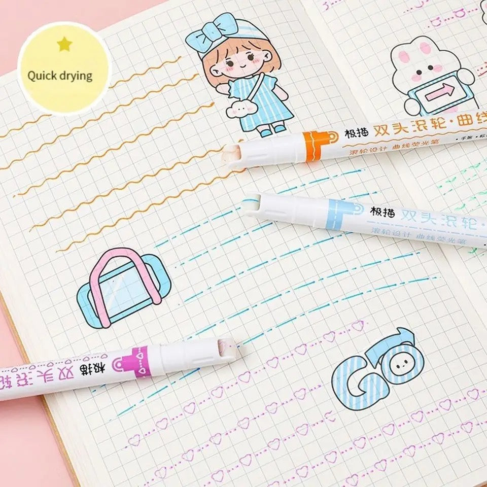 Double Pen Tip Curve Line Highlighter Pen Creative Flower-shaped Curve Line Marker Student School Supplies Stationery 1/3/6PCS